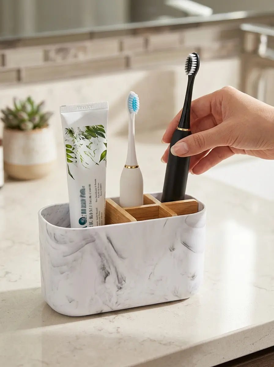 Tidyrow Electric Toothbrush Holder – Bamboo Bathroom Counter Organiser