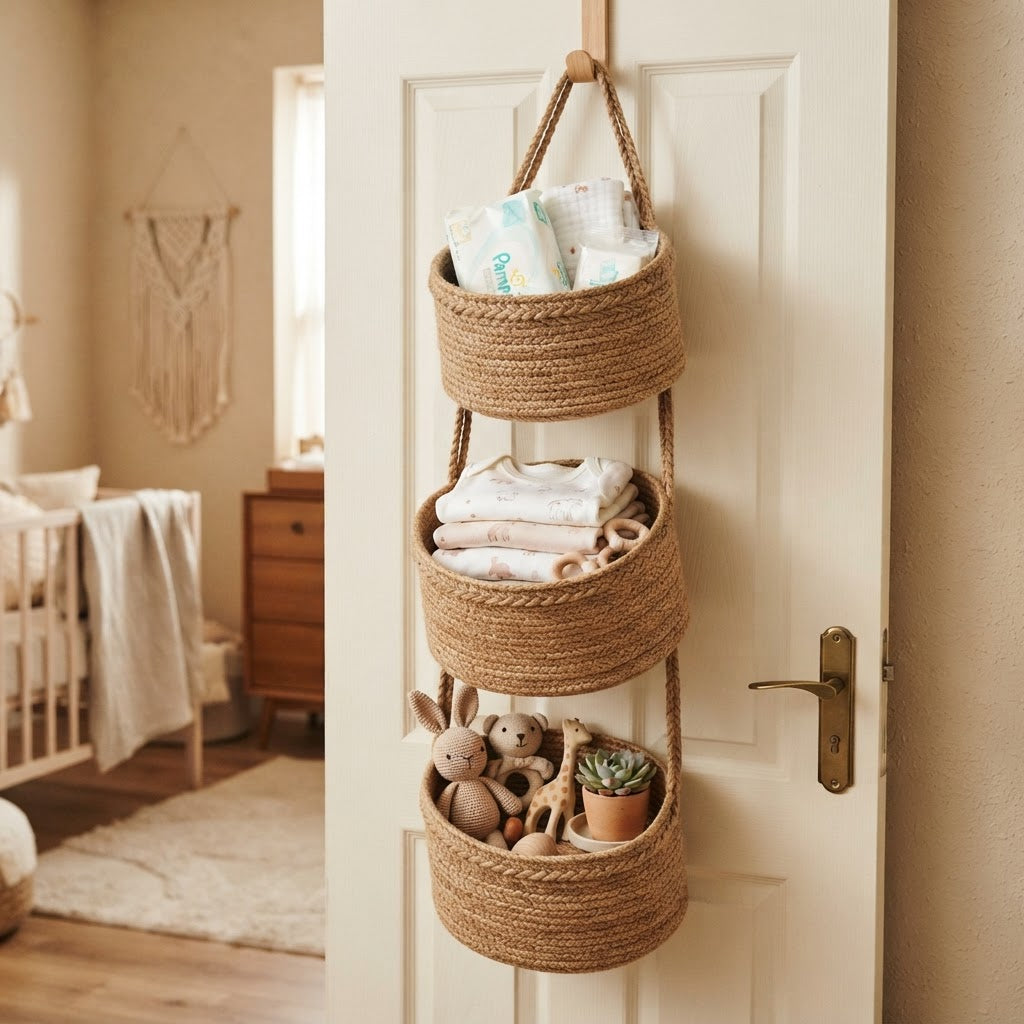 3-Tier Woven Cotton Over-the-Door Hanging Basket | Jute Wall Organize