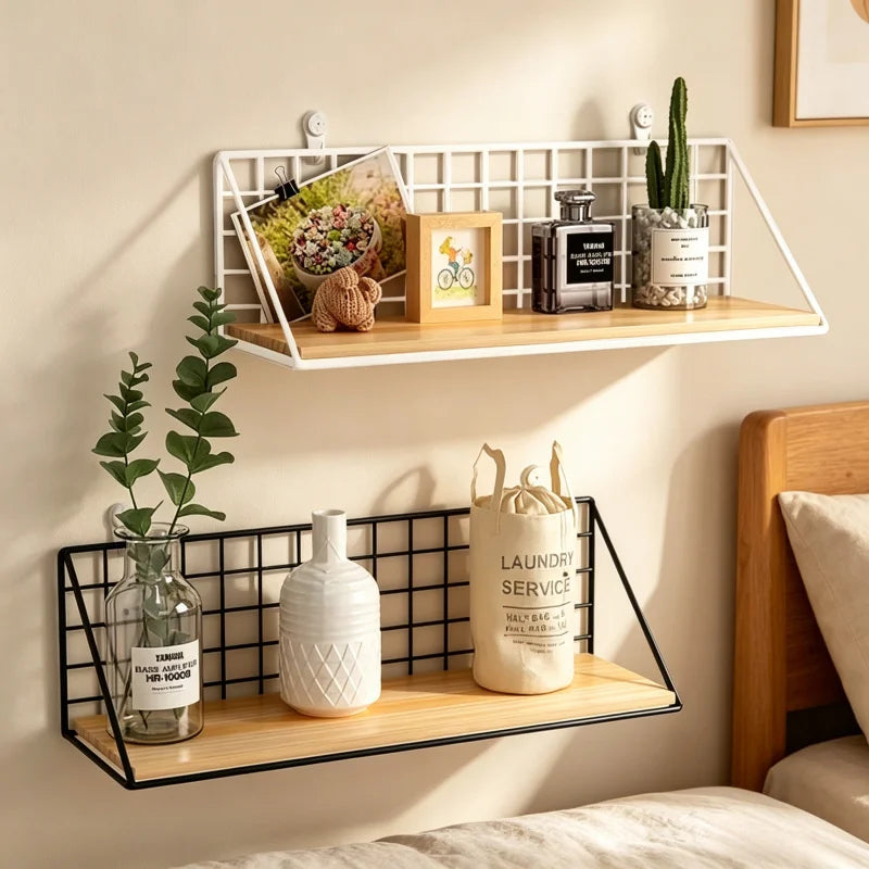 Wood Wall Mounted Shelves Without Drilling - Hanging Storage Shelf & Decoration Rack for Living Room Bedroom Organizers