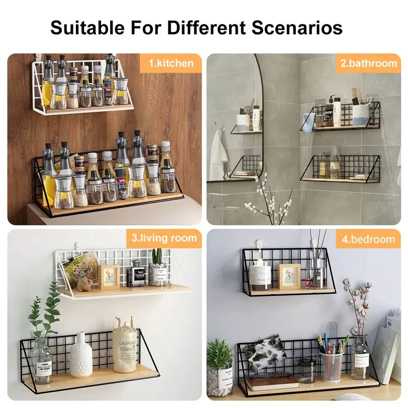 Wood Wall Mounted Shelves Without Drilling - Hanging Storage Shelf & Decoration Rack for Living Room Bedroom Organizers