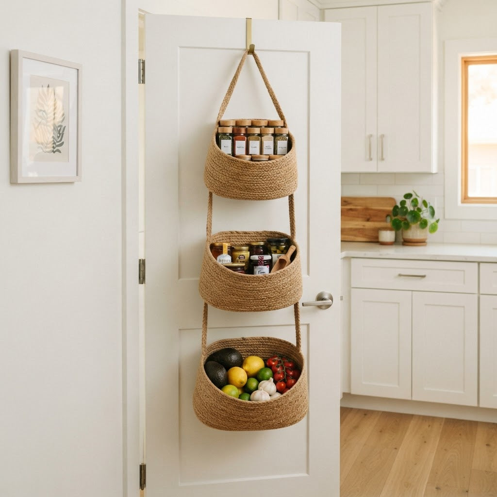 3-Tier Woven Cotton Over-the-Door Hanging Basket | Jute Wall Organize